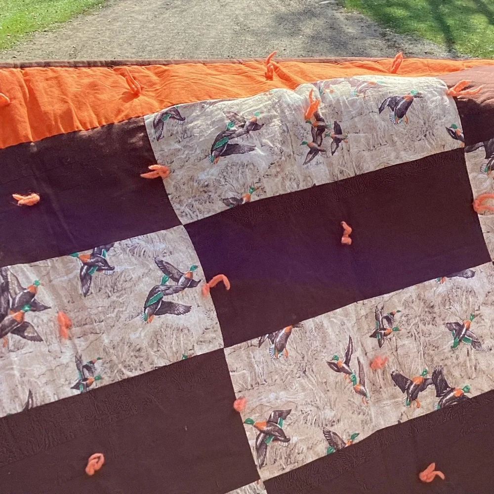 🦆 DUCKS  PATCHWORK Lap Quilt or Wall Hanging Orange & Brown OOAK  🪶